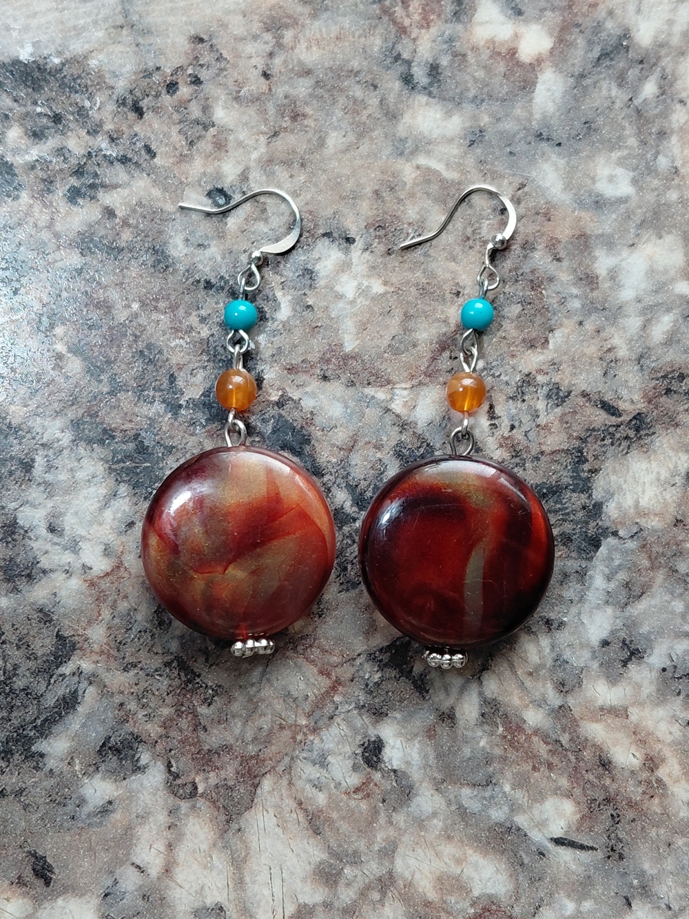 Gold Bronze and Red Shimmery Beads with Small Bead Accents Artisan Earrings